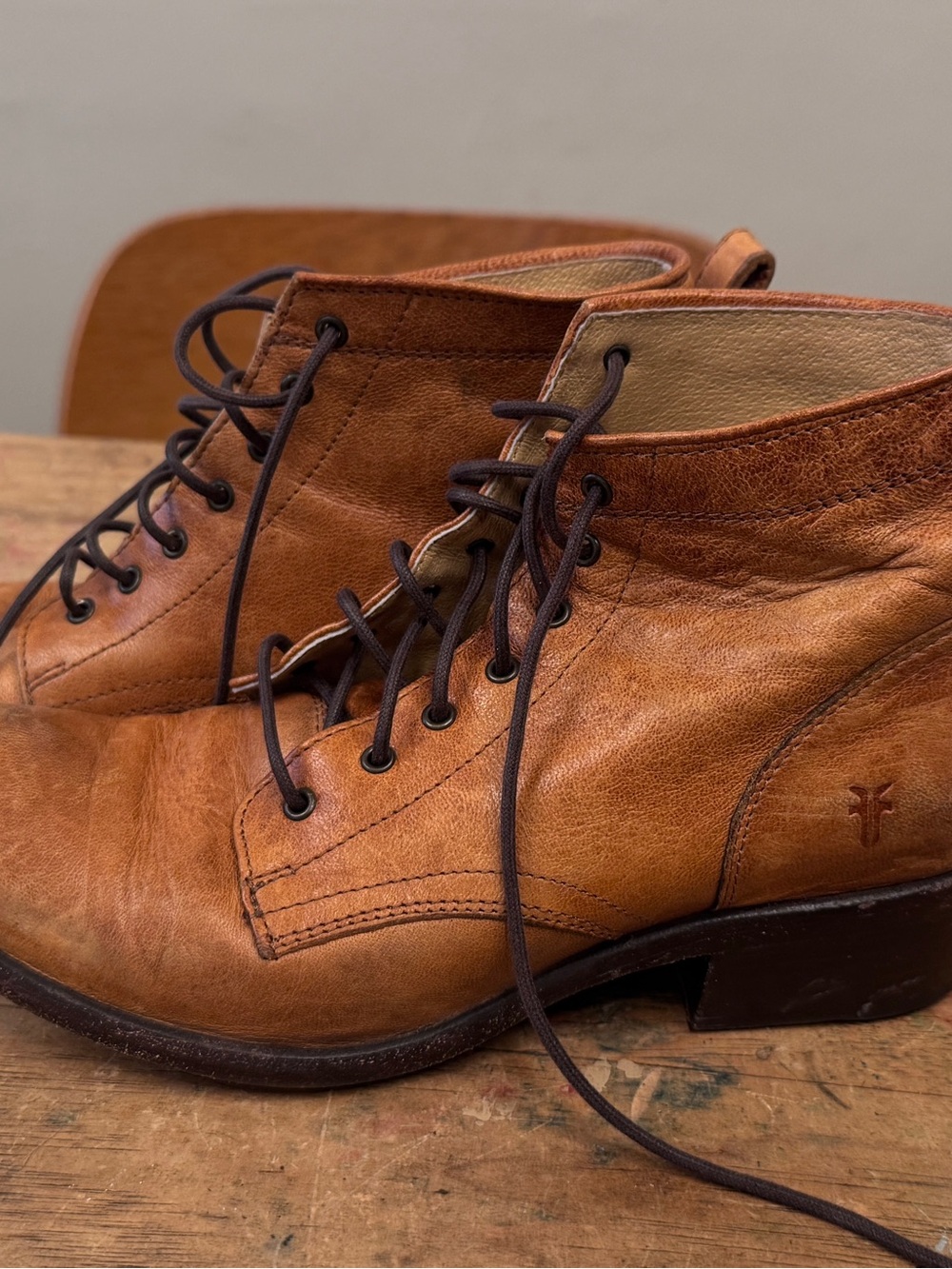 Frye Tan Leather Lace-Up Ankle Boots